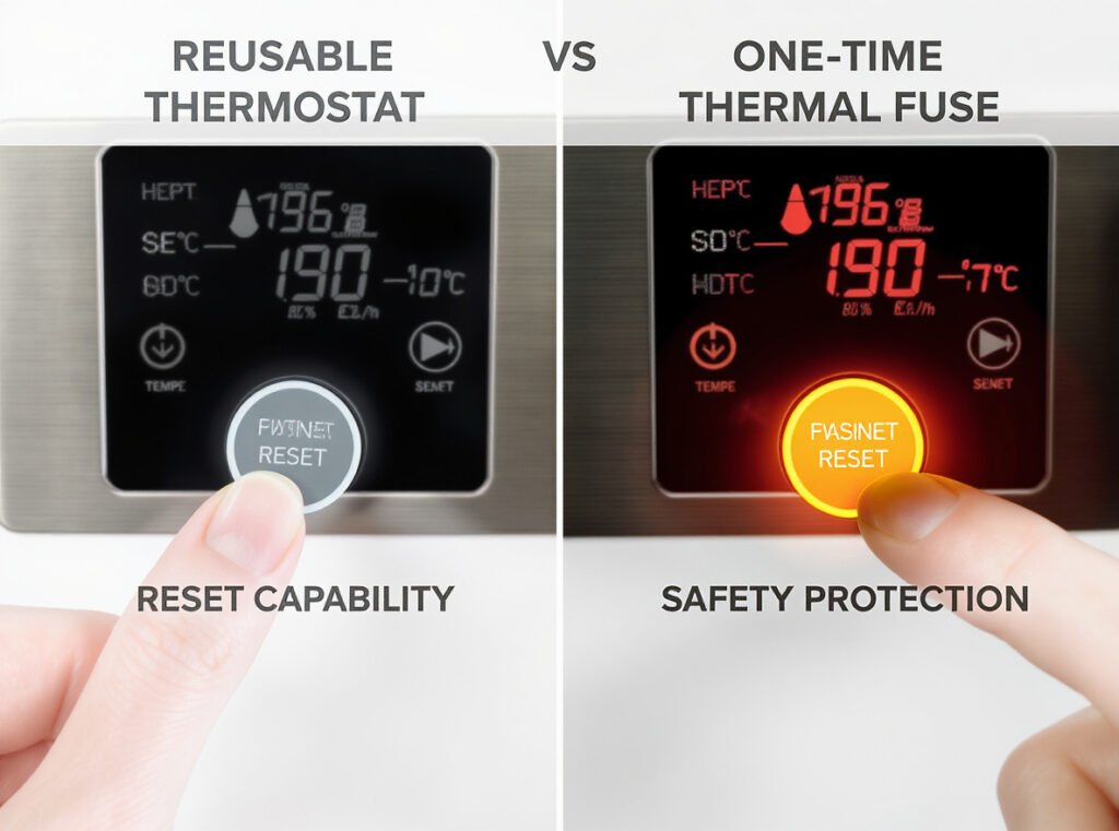 Thermostat vs thermal fuse comparison showing reusable vs one-time safety protection