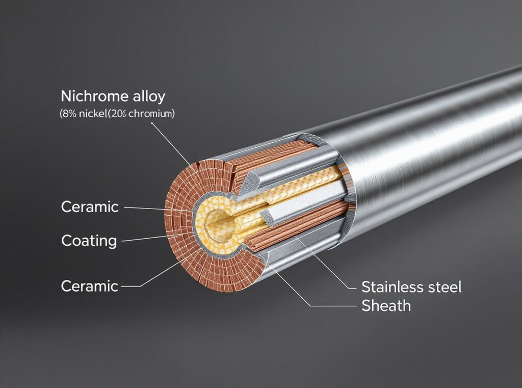 Nichrome alloy heating element cross-section showing 80% nickel 20% chromium composition and ceramic coating