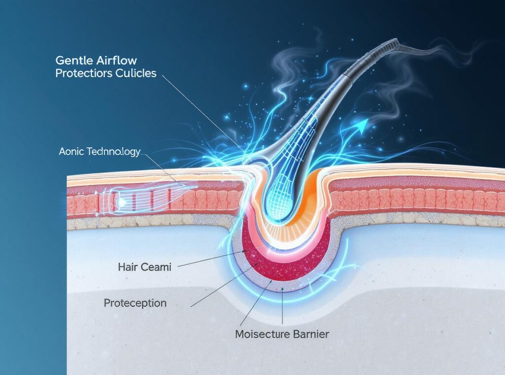 Balanced airflow hair protection ionic ceramic technology moisture evaporation efficiency