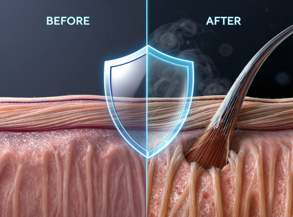 Hair damage prevention comparison showing healthy versus damaged hair strands