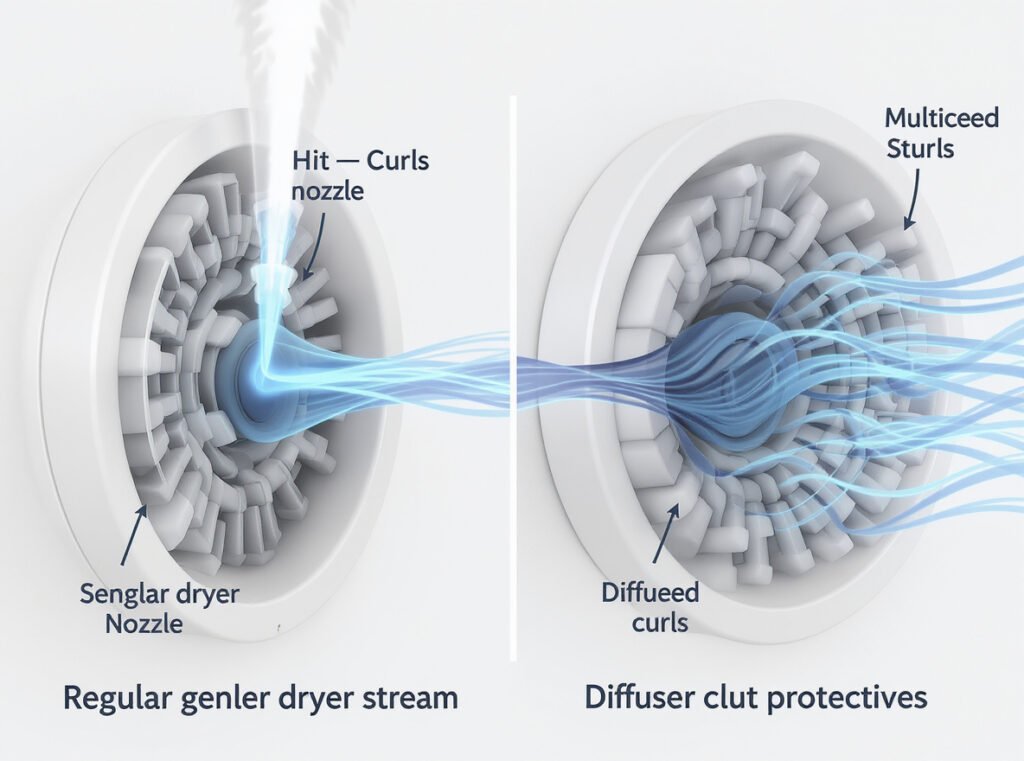 Airflow comparison showing concentrated stream from regular dryer versus gentle distributed flow from diffuser attachment