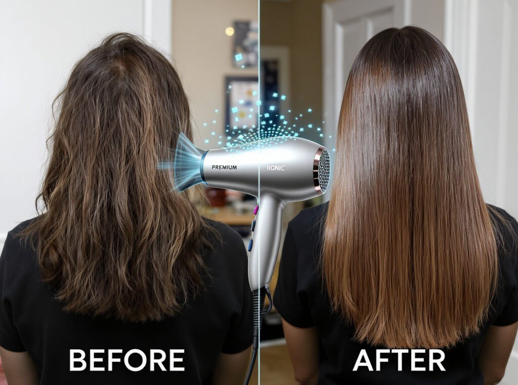Before after hair results showing expensive ionic hair dryer effectiveness on frizzy to smooth hair transformation