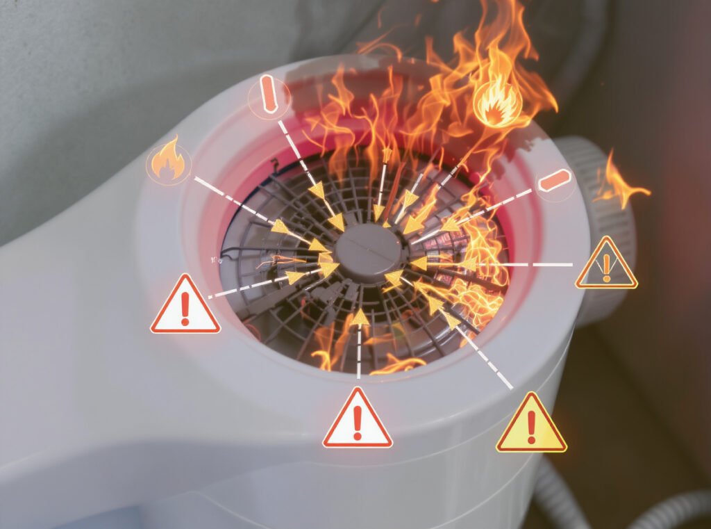 Hair dryer overheating dangers showing why temperature protection systems are essential