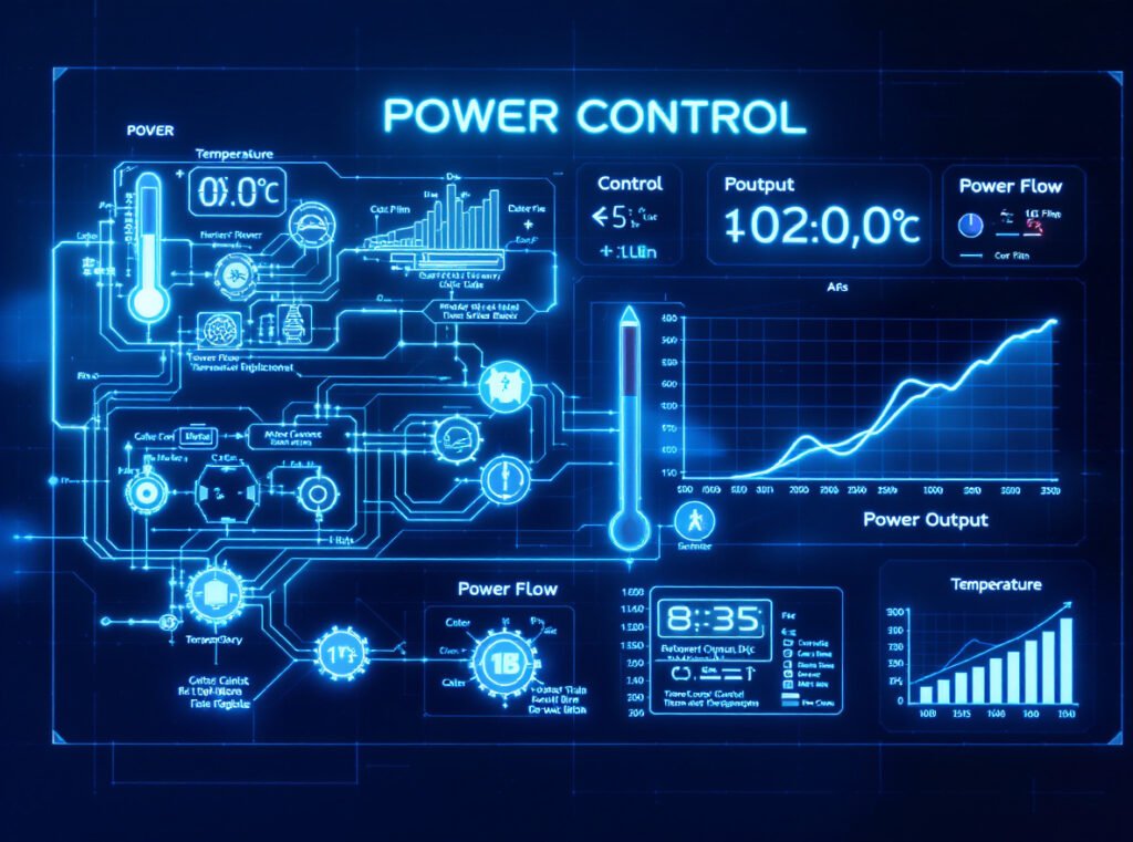 Professional heating element power control system showing temperature sensors and stable power output curves