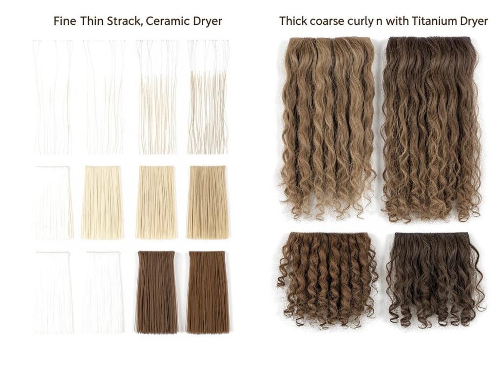 Hair type compatibility guide showing ceramic for fine hair and titanium for thick hair