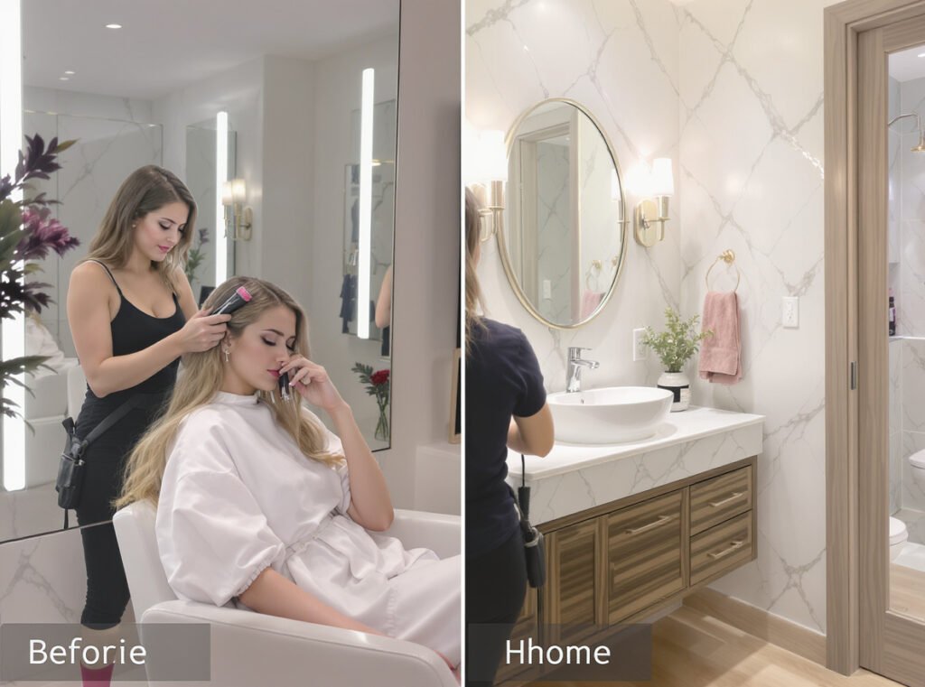 Split comparison of professional salon styling versus home styling with quality hair dryer