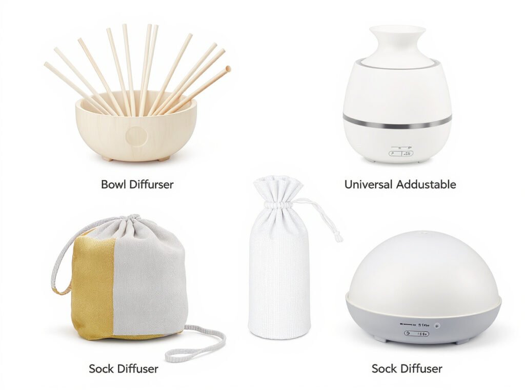 Collection of different hair diffuser types including bowl, universal, sock, and dome-style diffuser designs