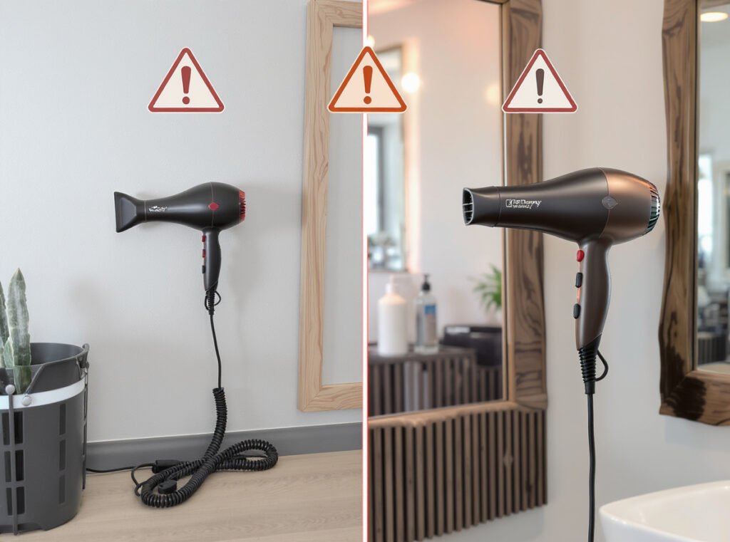 Safety comparison showing proper hair dryer cord length versus dangerous extension cord use