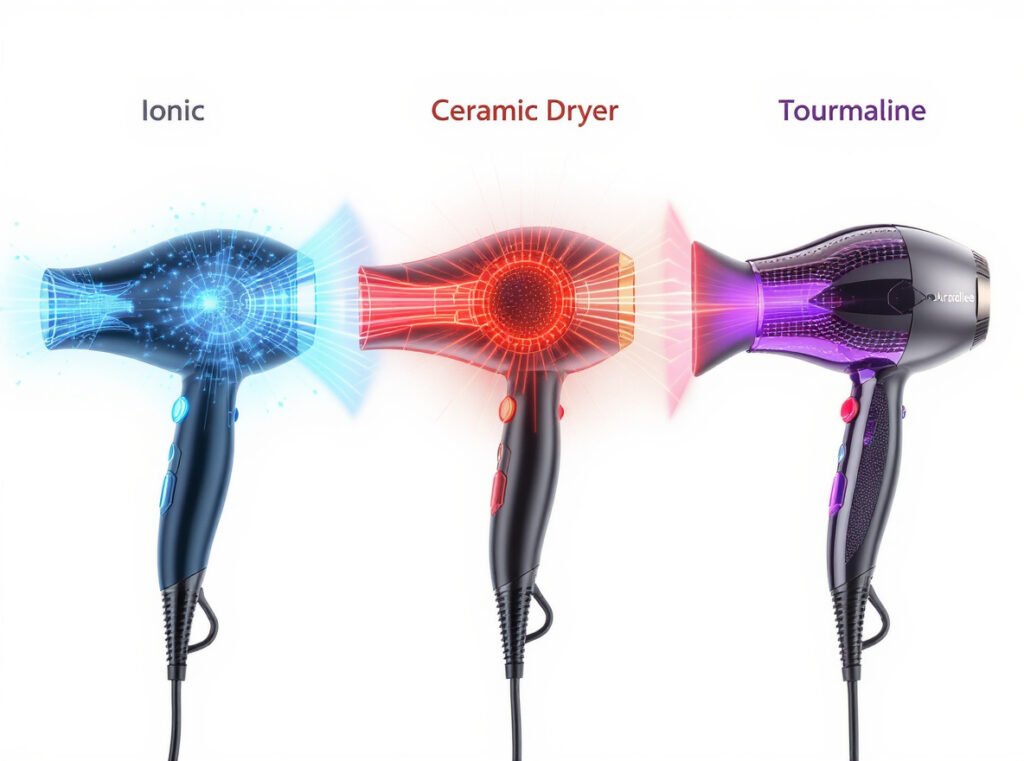 Ionic vs ceramic vs tourmaline hair dryer technology comparison showing different heating and ion methods