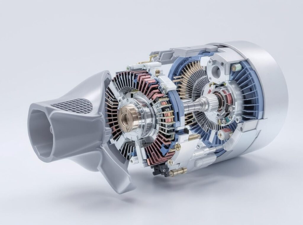 Hair dryer motor assembly showing brushless motor and fan impeller components