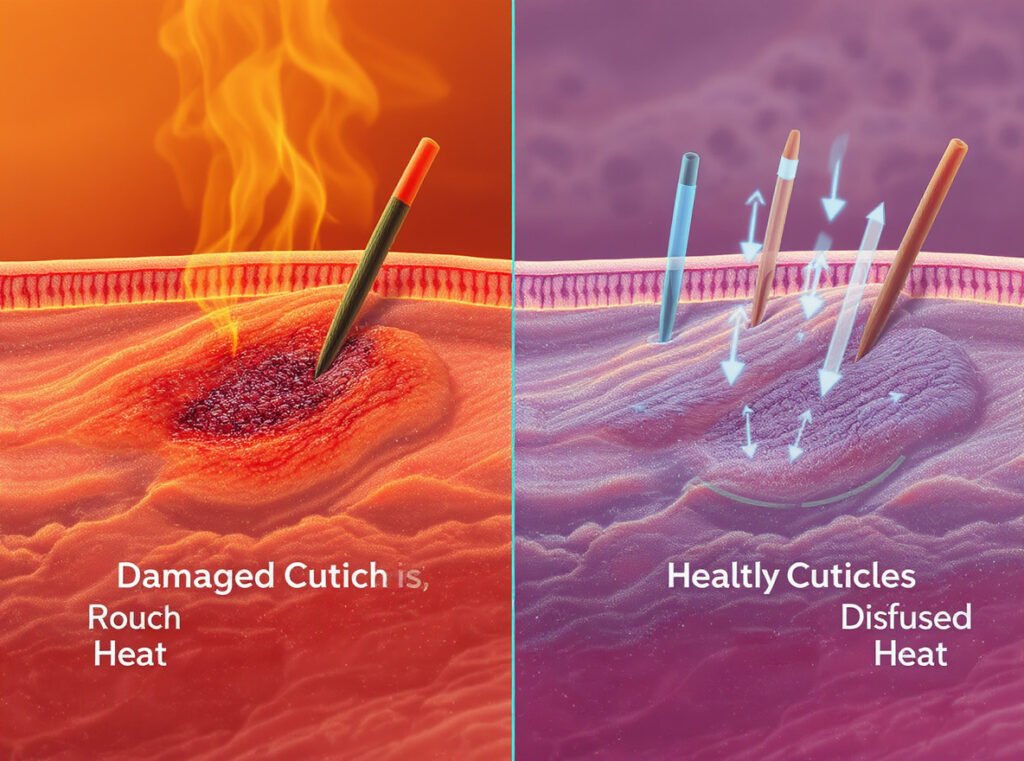 Heat damage comparison showing hair cuticle health with concentrated heat versus diffused gentle heat application