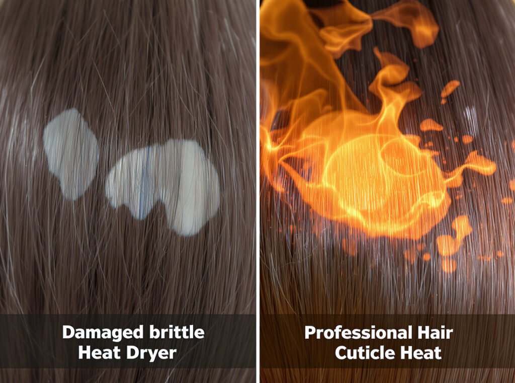 Hair damage comparison showing cheap ionic hair dryer heat damage versus professional model protection
