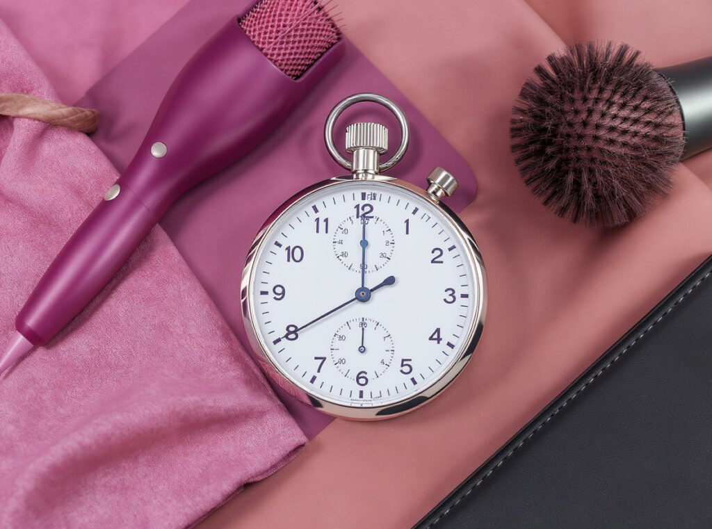 Time efficiency concept showing faster styling with proper hair dryer settings