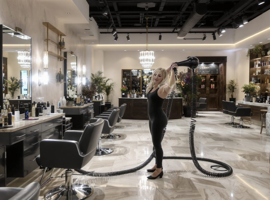 Professional stylist using extra long cord hair dryer showing maximum mobility benefits