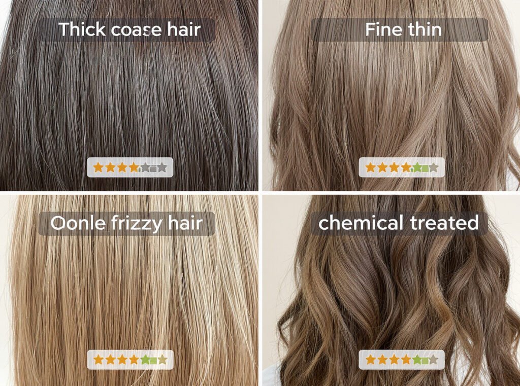 Different hair types showing ionic technology benefits including thick coarse curly fine and chemically treated hair