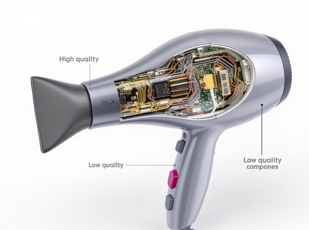 Internal component comparison showing quality differences in dual voltage hair dryers