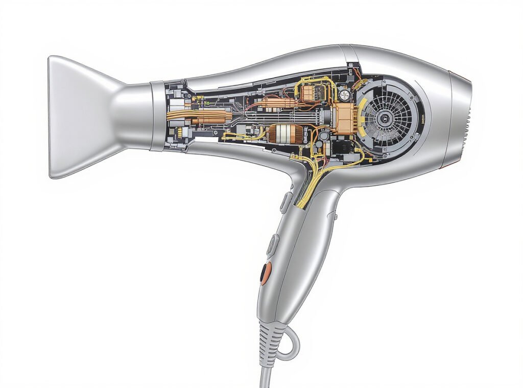 Technical diagram showing hair dryer cord length impact on professional performance specifications