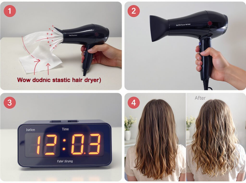 Ionic hair dryer testing methods including tissue paper static test timing test and frizz comparison