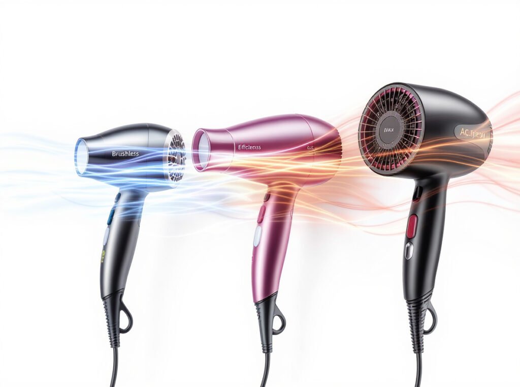 Hair dryer motor power to weight ratio efficiency brushless DC AC comparison