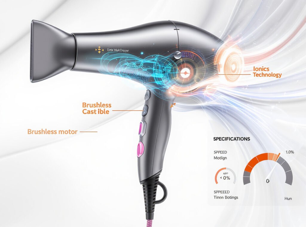 Professional self-cleaning hair dryer showcasing brushless motor, ionic technology, and advanced features