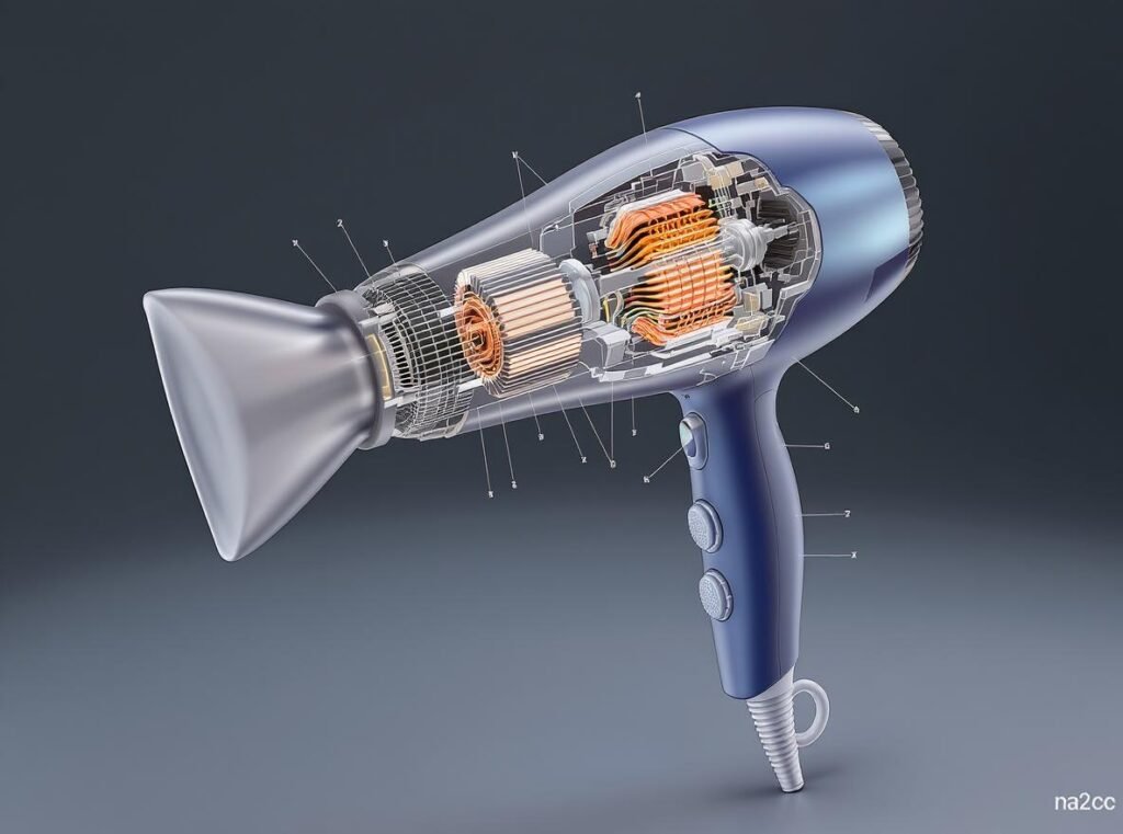 Hair dryer components motor heating nozzle design airflow optimization technical
