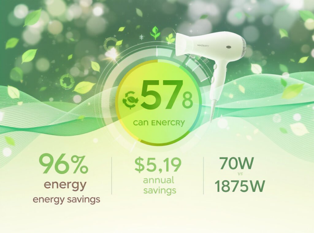 Summary infographic showing hair dryer cold setting benefits - 96% energy savings and $5.19 annual savings