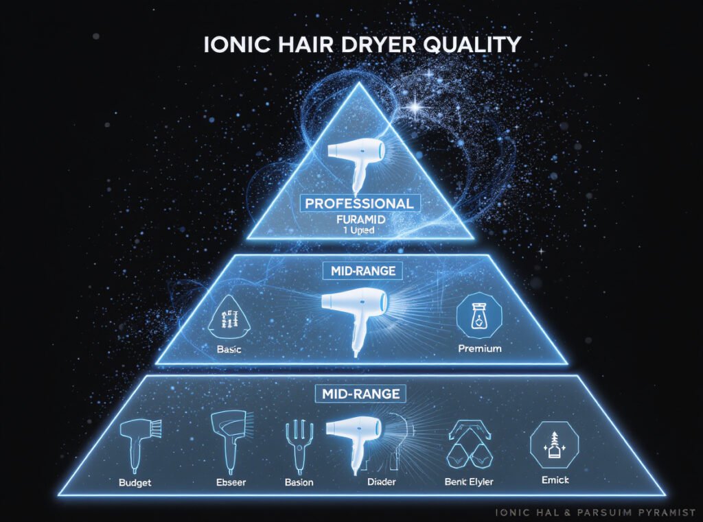 Ionic hair dryer quality pyramid showing budget mid-range and professional models with feature differences