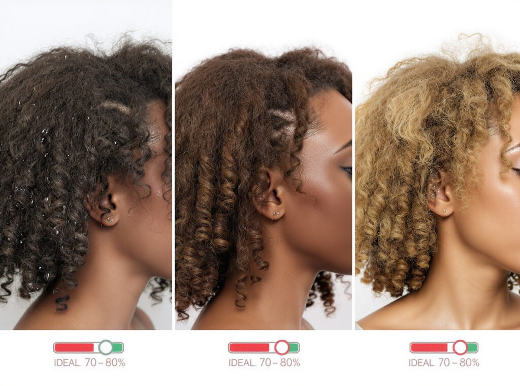 Hair moisture level comparison showing wet, damp, and dry curls with optimal 70-80% moisture indicator