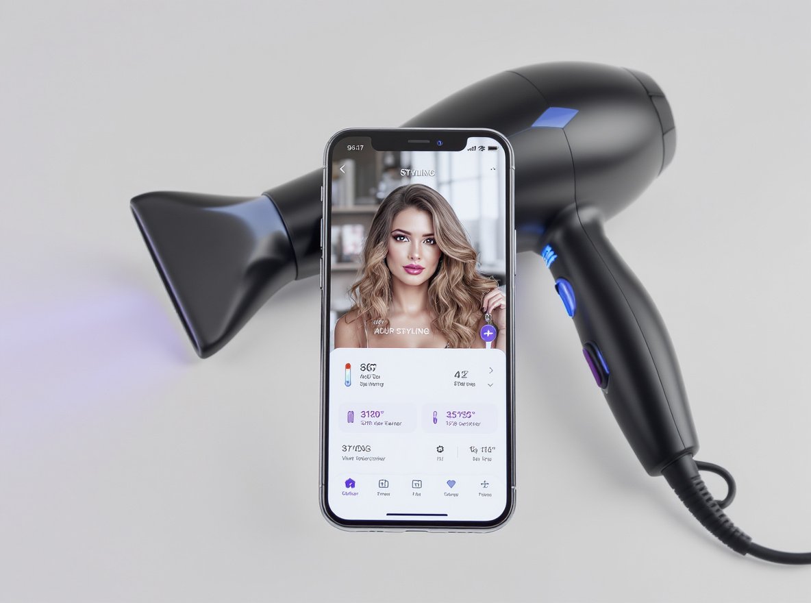 Bluetooth-enabled smart hair dryer with smartphone app control interface