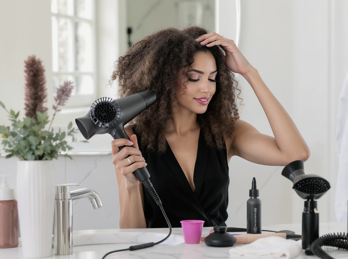 Professional hair dryer and diffuser combo set being used on curly hair