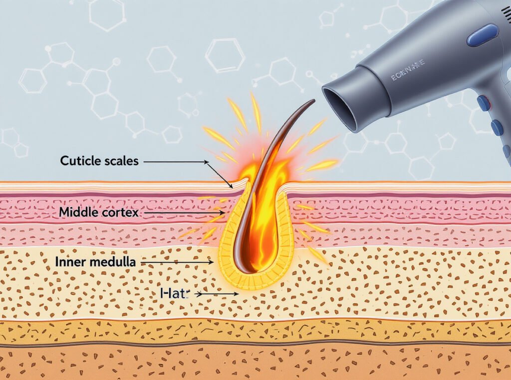 Hair structure cross-section showing heat damage to cuticle cortex medulla layers from blow dryer