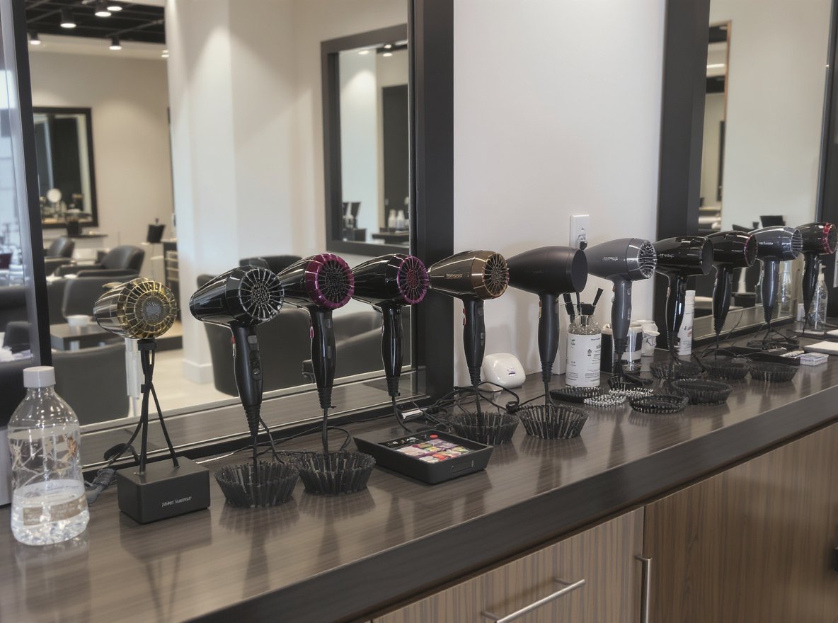 Professional salon hair dryer brands comparison display workspace