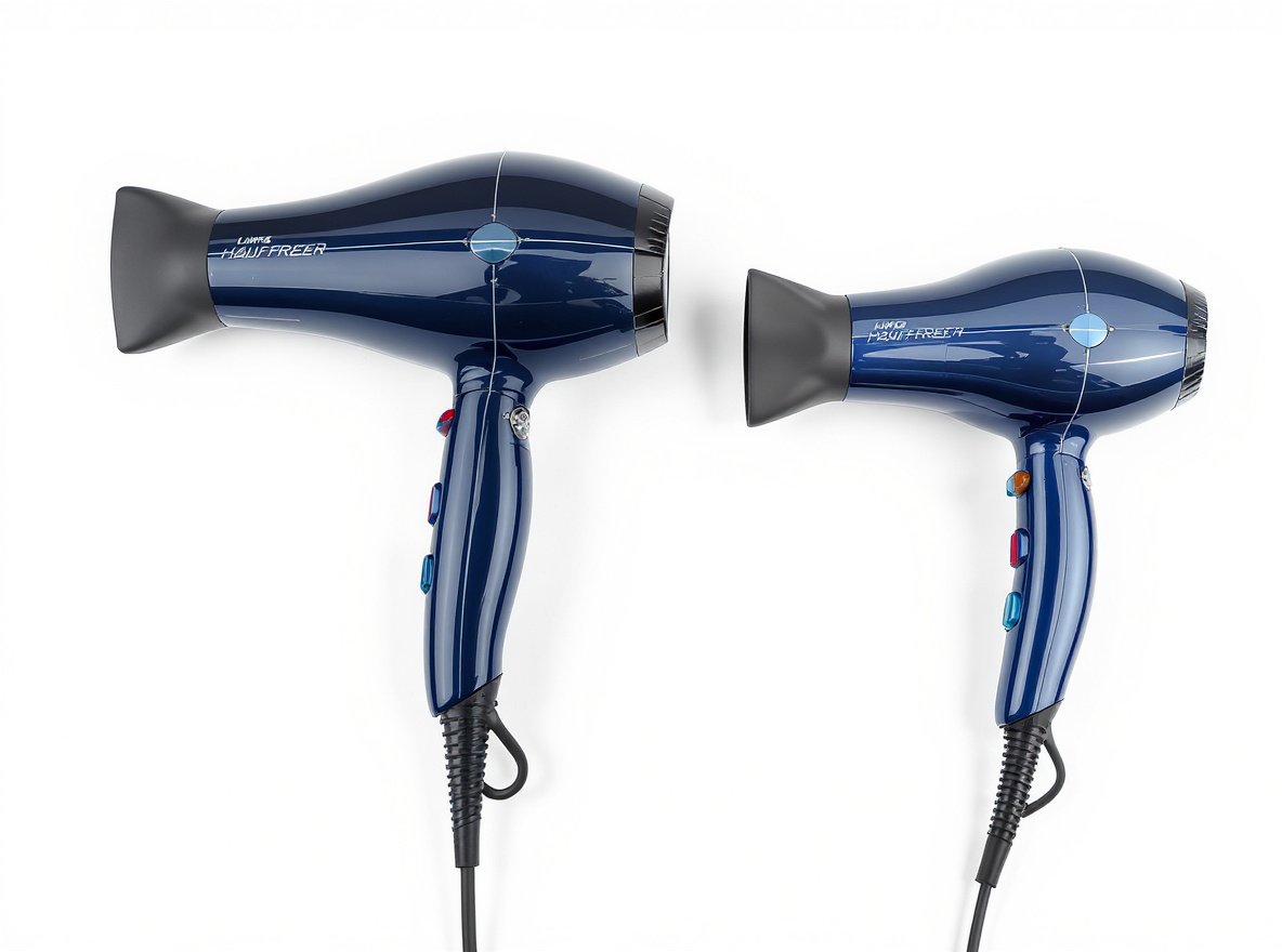 Heavy professional hair dryer compared to lightweight compact model showing weight vs power relationship