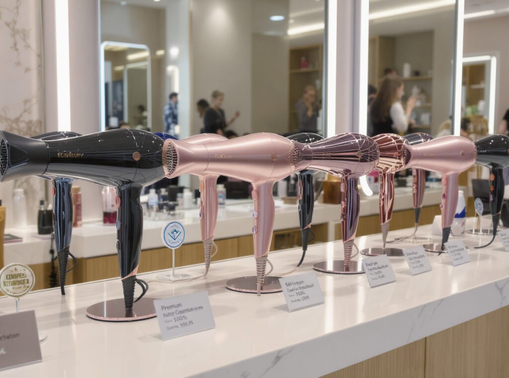 Refurbished high-end hair dryers displayed in professional salon with savings badges