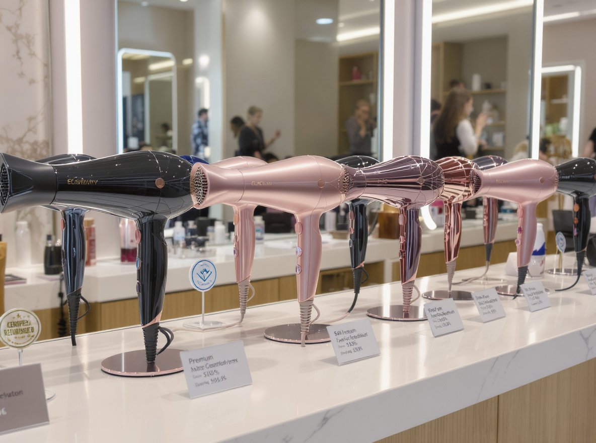 Refurbished high-end hair dryers displayed in professional salon with savings badges