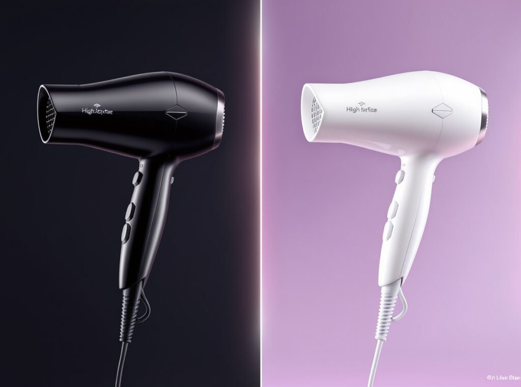 Men's vs women's hair dryer comparison showing identical professional styling tools