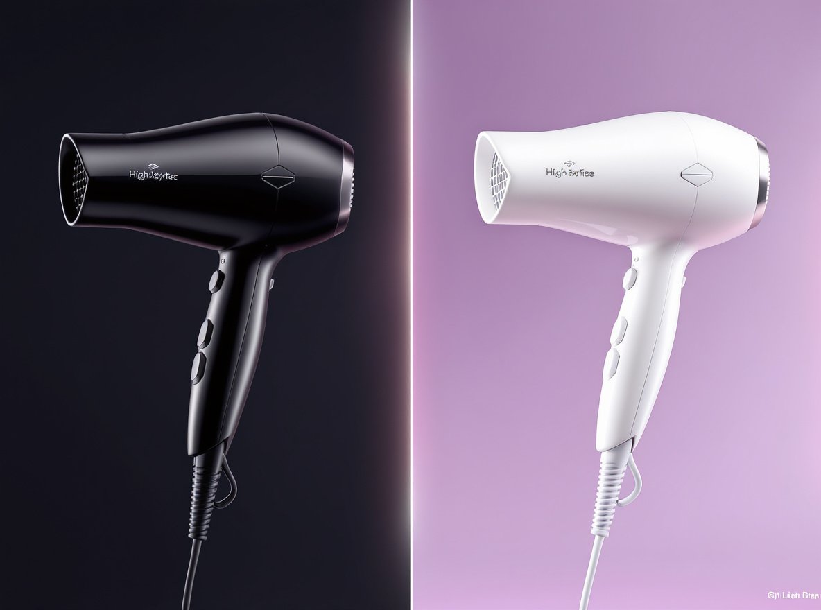 Men's vs women's hair dryer comparison showing identical professional styling tools