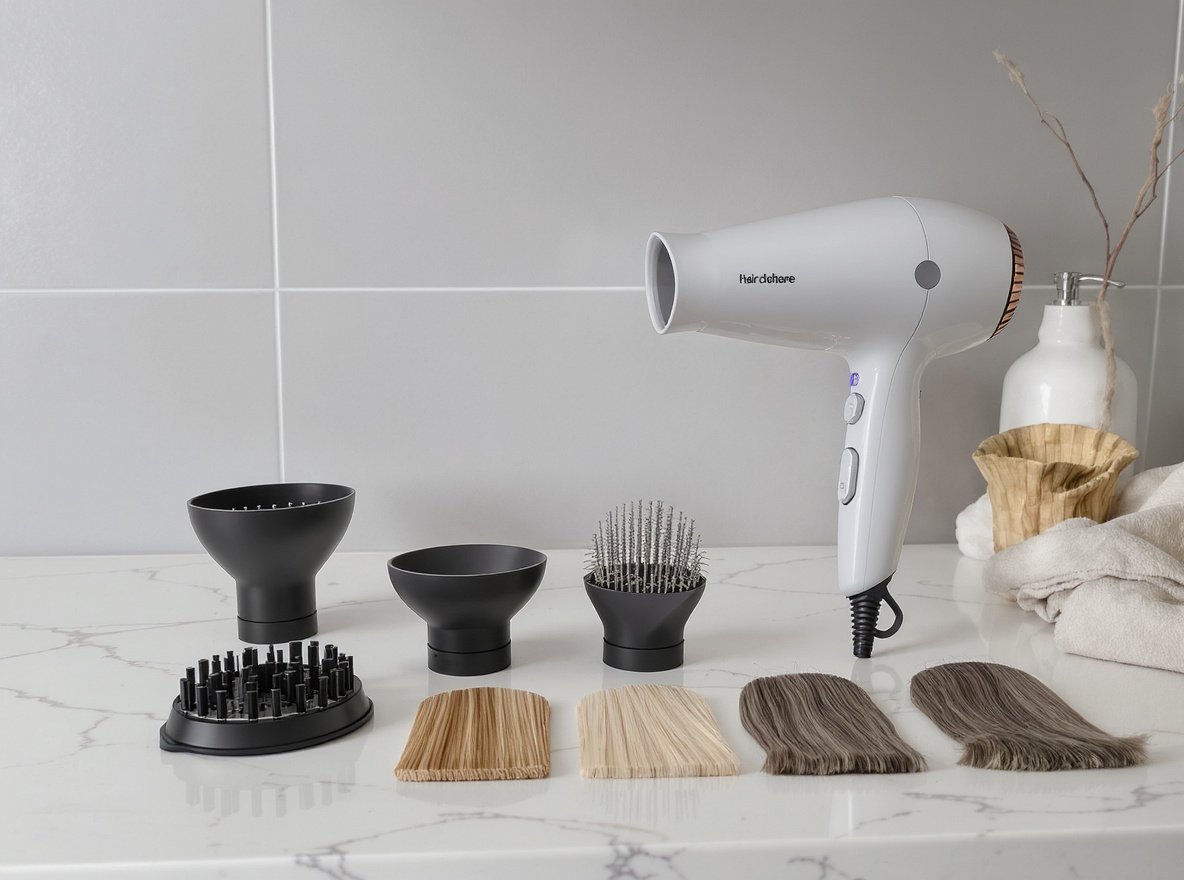 Professional hair dryer with multiple attachments for different hair types on bathroom counter