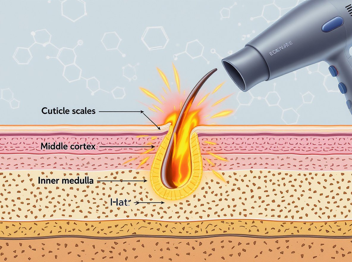Hair structure cross-section showing heat damage to cuticle cortex medulla layers from blow dryer