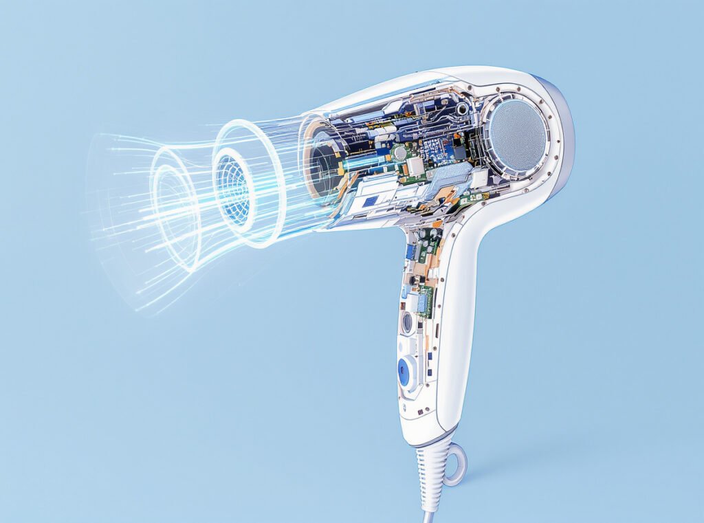 Technical diagram showing Bluetooth hair dryer internal sensors and connectivity components