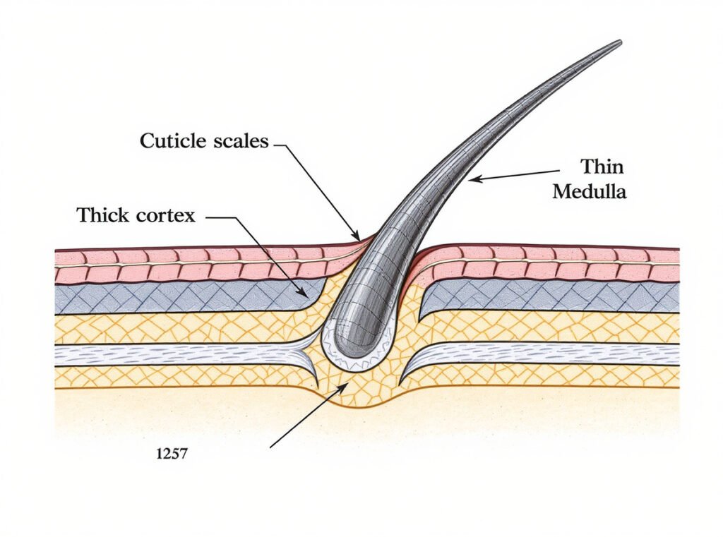 Hair anatomy diagram showing cuticle cortex medulla three layer structure vulnerability