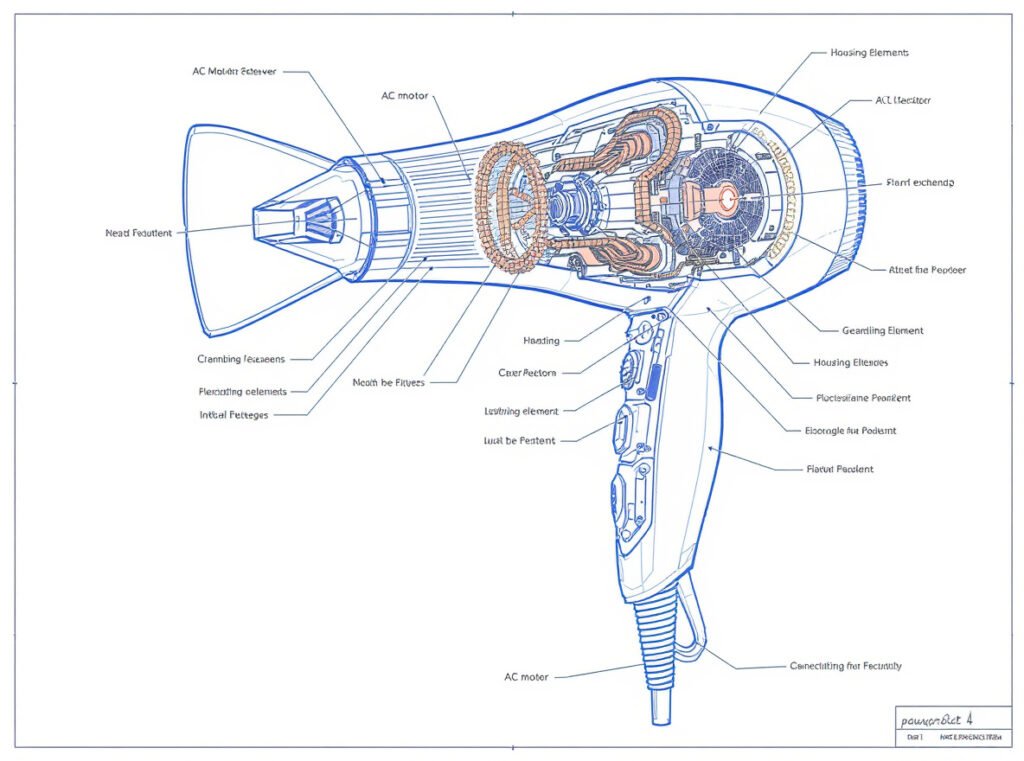 Hair dryer internal components showing AC motor, cord, and heating elements that add weight