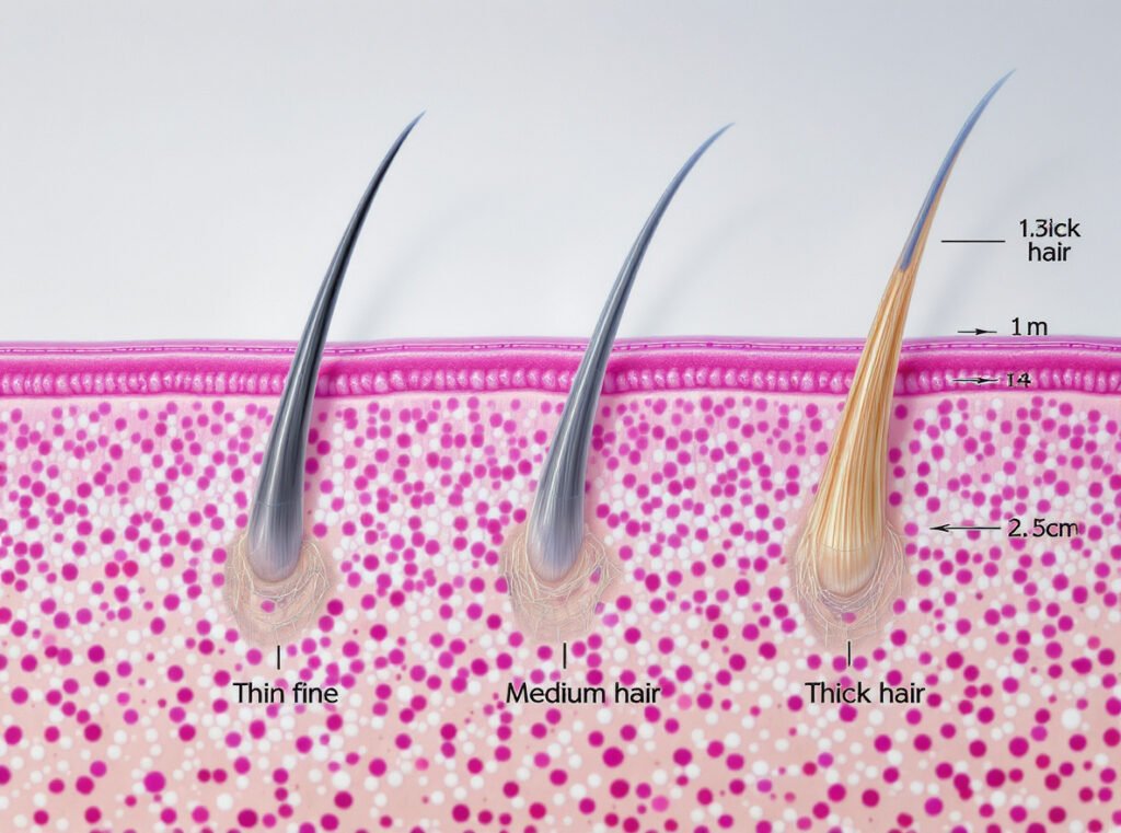 Fine hair strand thickness comparison microscopic view hair types