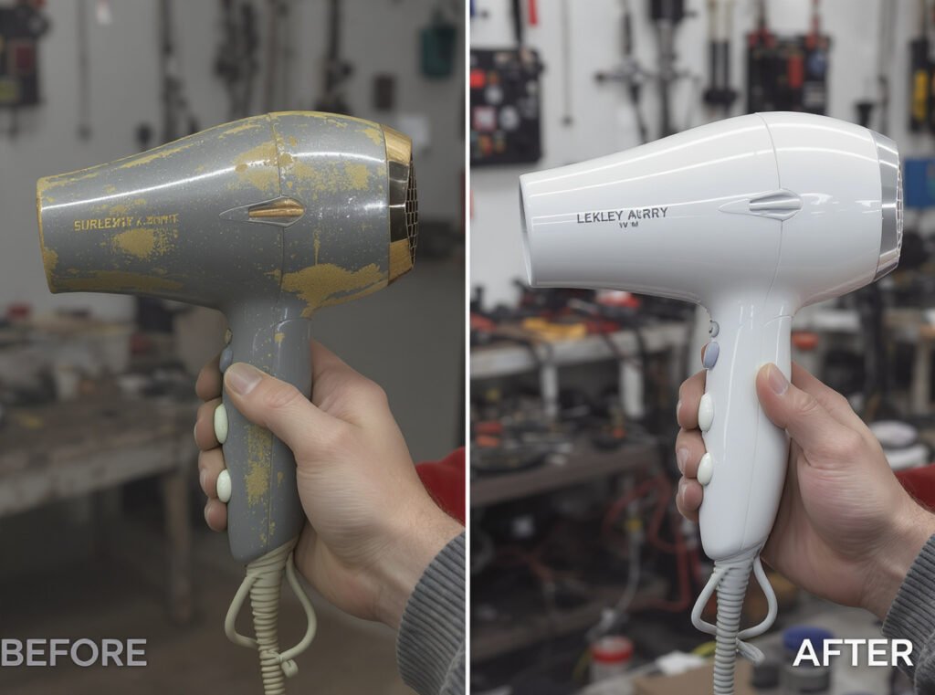 Before and after refurbished hair dryer restoration process comparison