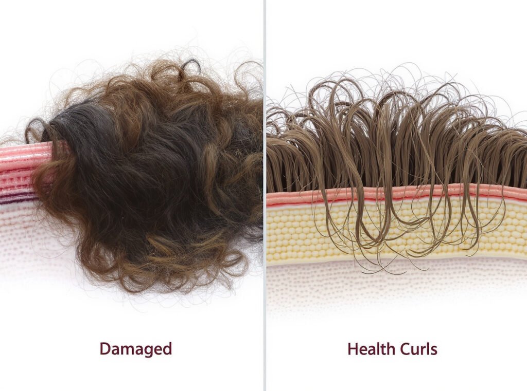 Comparison of damaged frizzy curls versus healthy defined curls showing importance of proper hair dryer selection