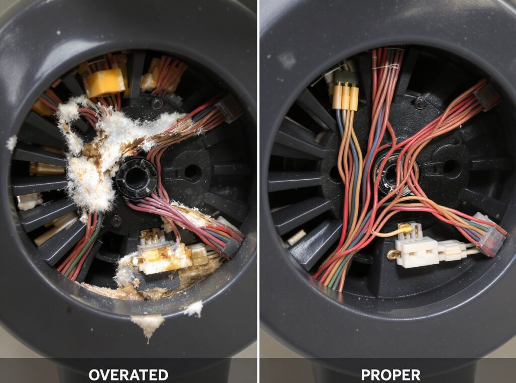 Comparison of damaged vs proper hair dryer internal wiring showing importance of correct specifications