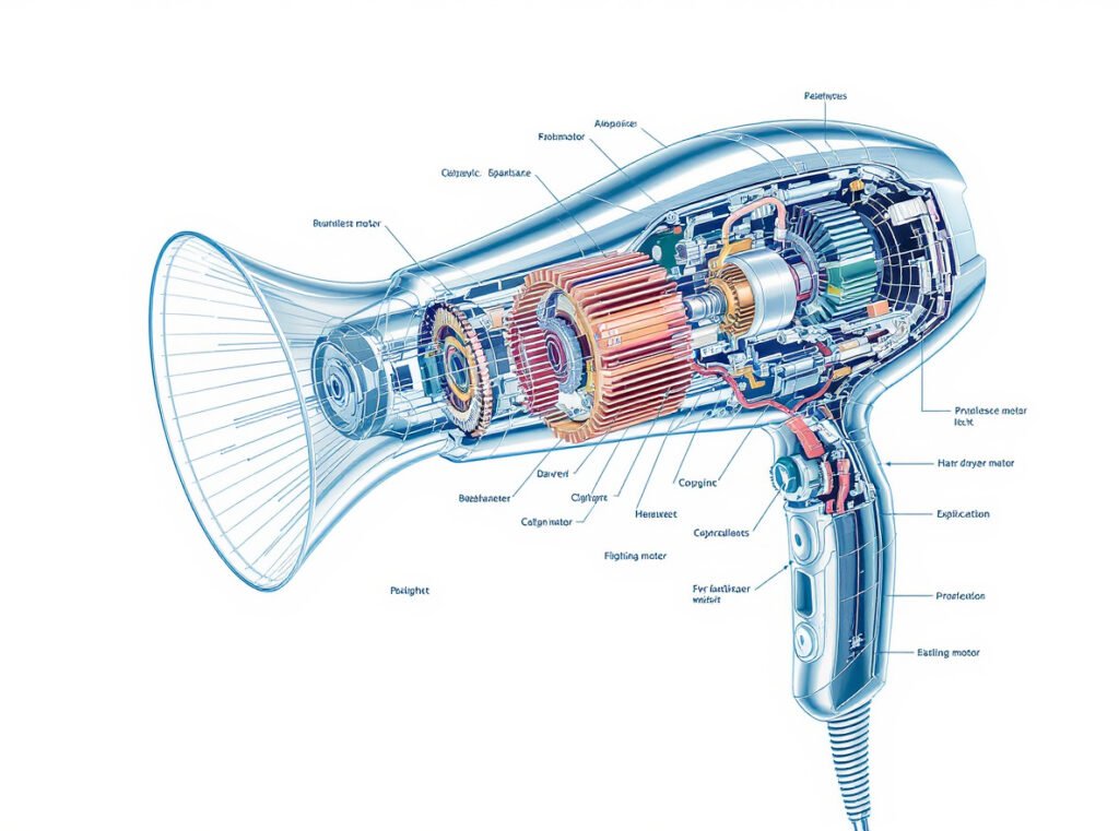 Hair dryer motor technology comparison showing AC, DC, and brushless motor types