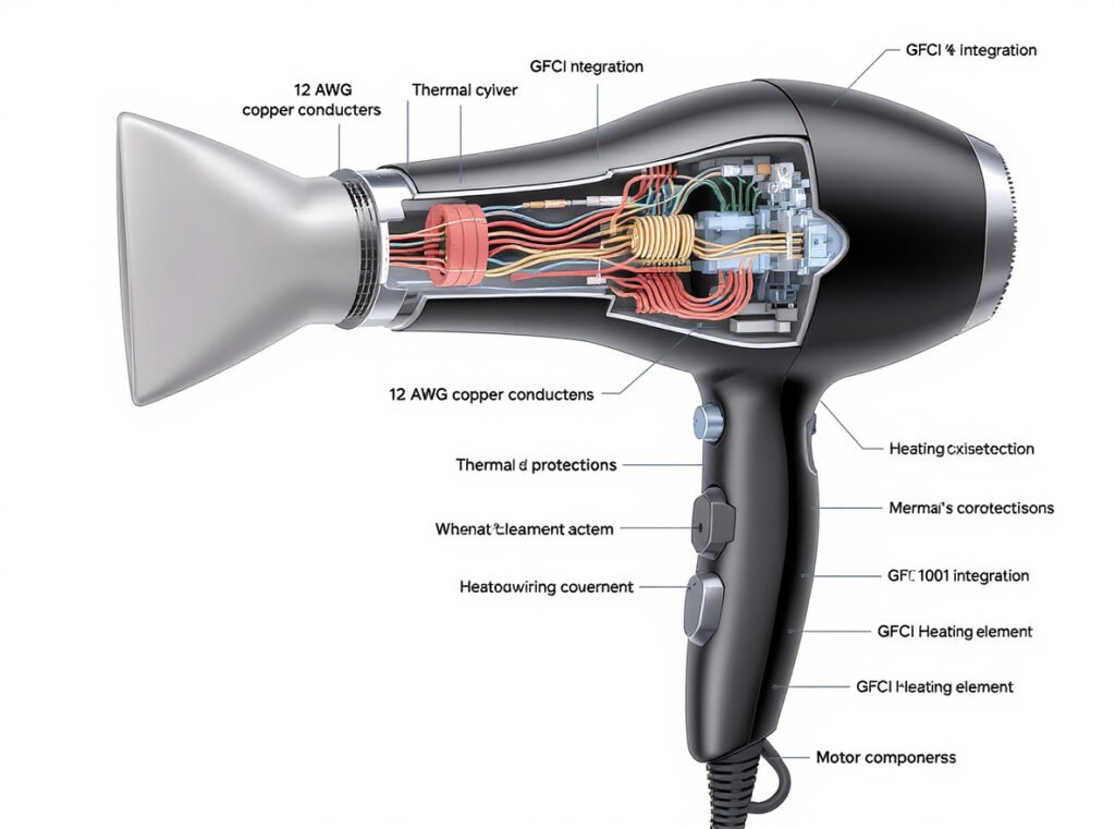 Complete hair dryer internal wiring system showing all safety and performance components