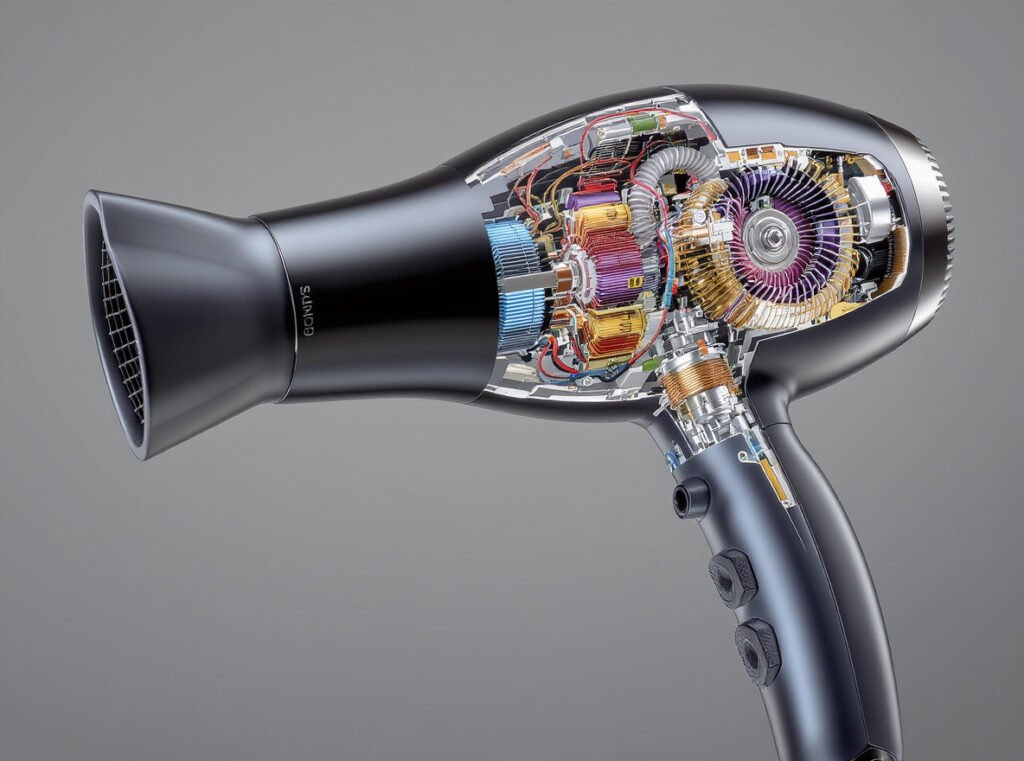 Hair dryer internal components comparison showing AC versus DC motor construction and build quality
