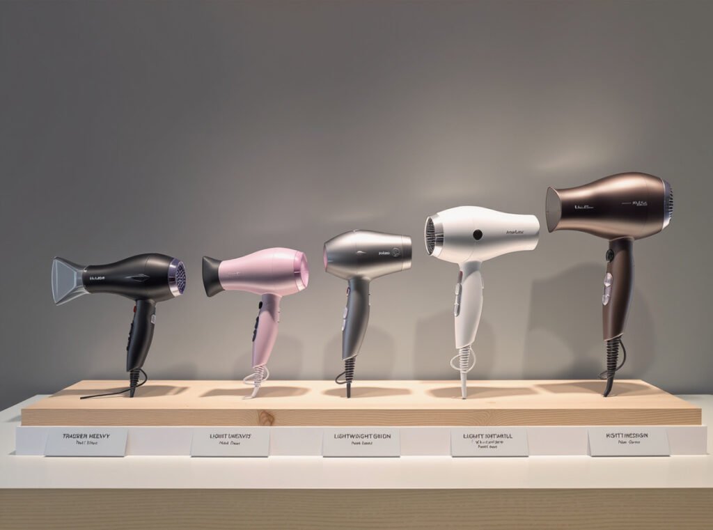 Hair dryer technology evolution showing progression from heavy traditional to lightweight powerful models